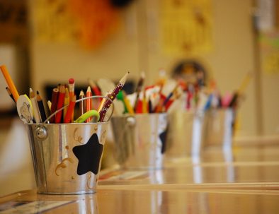 School supplies arranged for a new classroom year