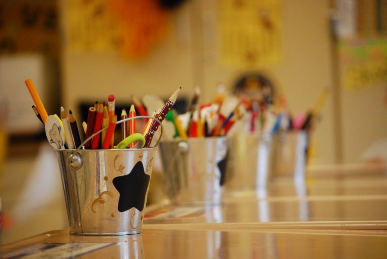 School supplies arranged for a new classroom year