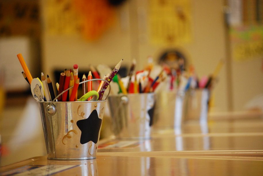School supplies arranged for a new classroom year