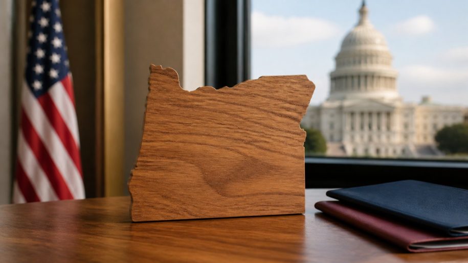 Wooden outline of Oregon with the U.S. Capitol in the background, representing policy choices in Oregon’s 1st District